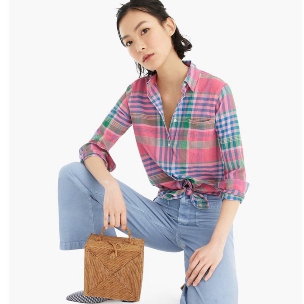 J. Crew Classic Fit Boy Shirt in Crinkle Magenta Plaid size 0